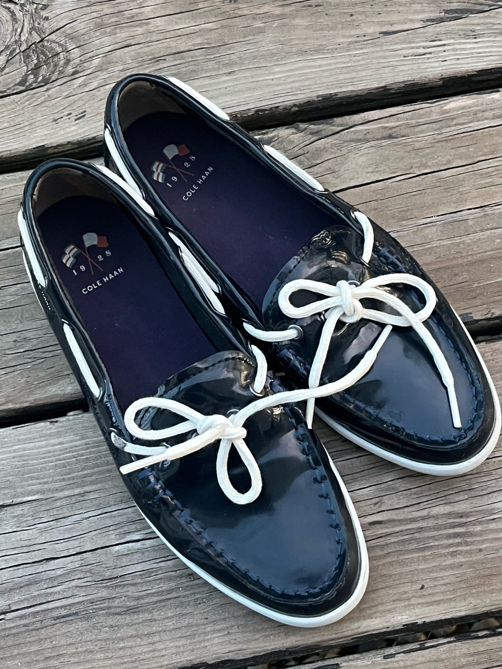 Cole Haan Patent Leather Navy Blue Boat Loafers- Size 8
